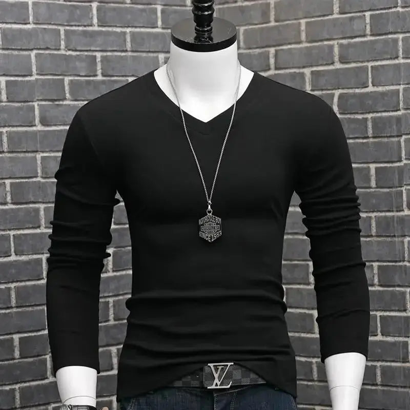 Men Casual Long Sleeve Pull on V neck Bottoming Shirt Tees Chic Le'Meek