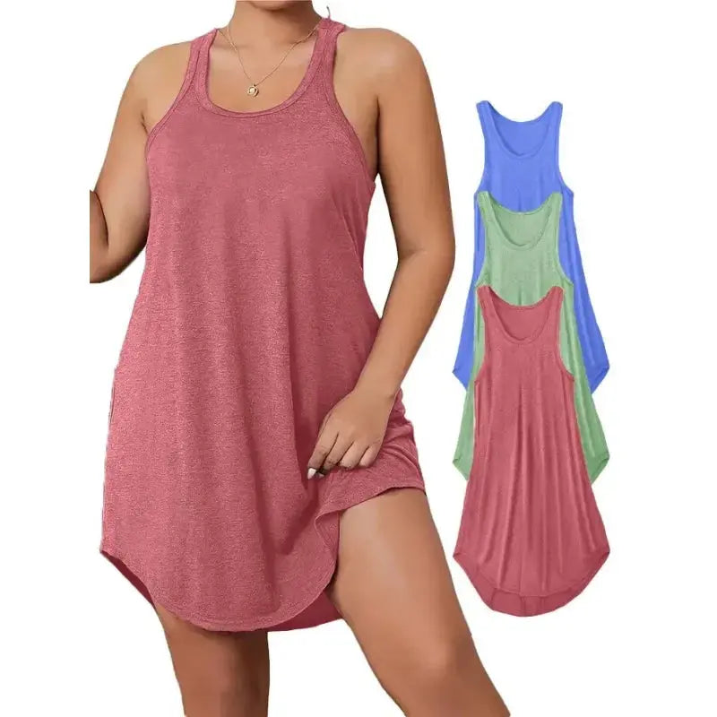 Plus Size 1XL-5XL Women Summer Casual 3-pieces Solid Dress Women Fashion Scoop Relaxed Fit Sleeveless Basic Loungewear Dress Chic Le'Meek