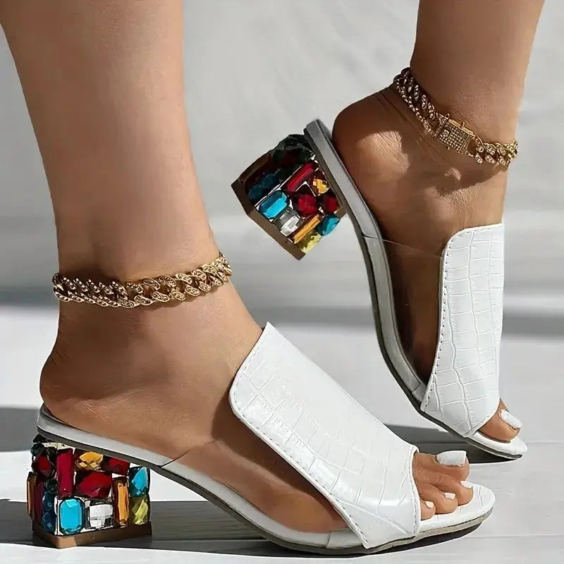 Women Crystal Sandals 2024 New Spring Summer Open Toe Sandals Square Heels Beach Fashion Sandals Women Sandalias De Mujer Chic Le'Meek