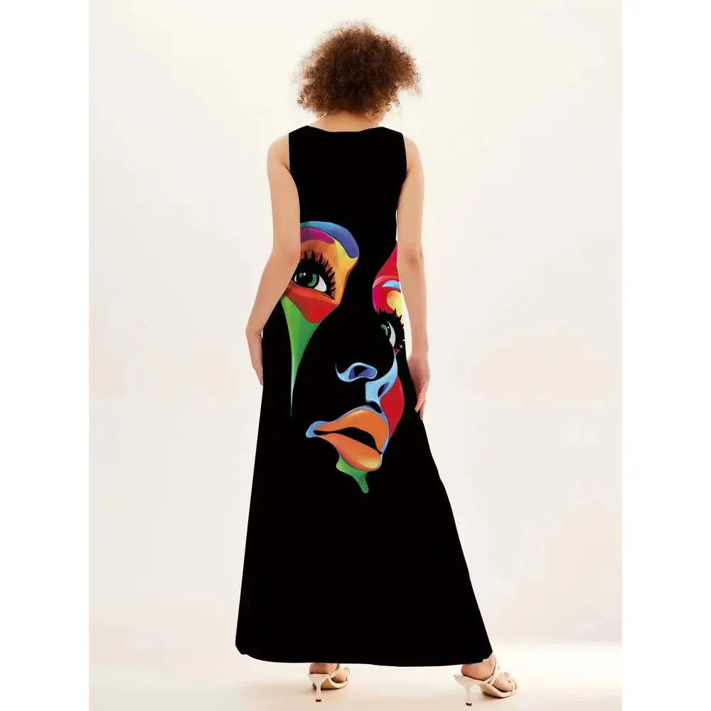 Mask printing Dress Sexy Sleeveless Dress V-Neck Casual Clothing Women Chic Le'Meek