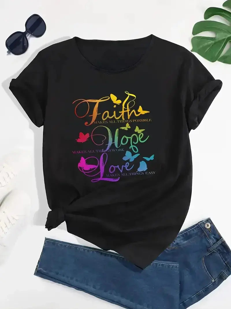 Plus Size Gradient Faith Hope Love Print T-Shirt Temu