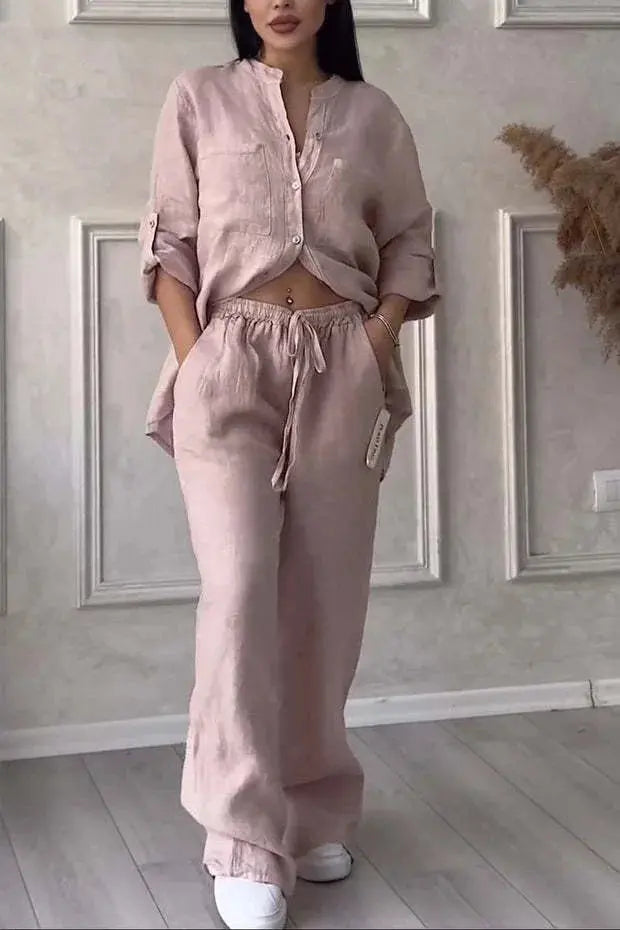 Women Plus Size Two Pieces Set Drawstring Straight Elastic Waist and Long Sleeve Button Shirt Top Matching Set Linen Cotton Set Chic Le'Meek