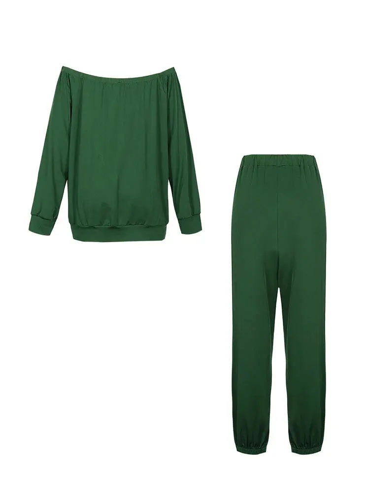 Plus Size 2025 Spring Summer New Women's Slant Shoulder Top and Skinny Pants Set Home Office Comfortable Versatile Chic Le'Meek