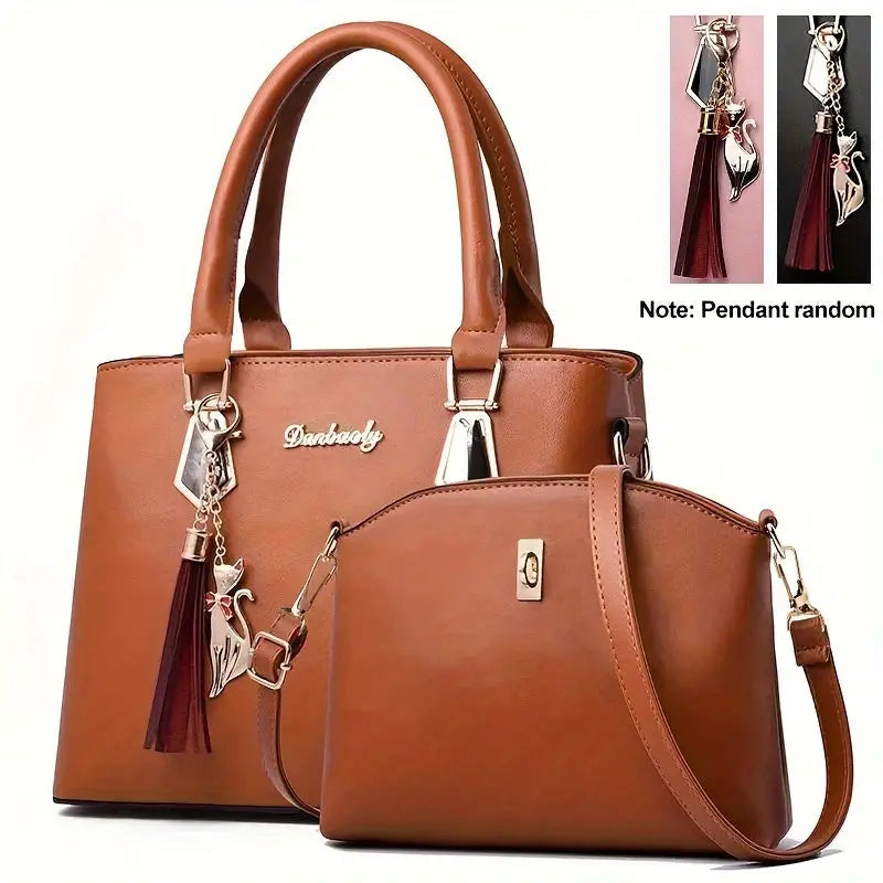 2-Piece Set: Chic Fashion Shoulder Bag and Crossbody Bag Combo - Zipper Closure, Pendant Detail, Solid Color Faux Leather with Nylon Lining - Spring 2024 European Style Casual Handbag Collection for Occasions Chic Le'Meek