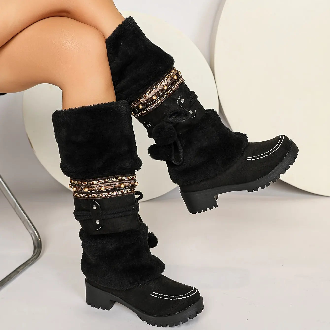Cozy Winter Women's Snow Boots With Pom-Pom & Bowknot - Mid-Calf, Chunky Heel, Warm Fleece Lining, Non-Slip Rubber Sole For Outdoor Activities Chic Le'Meek