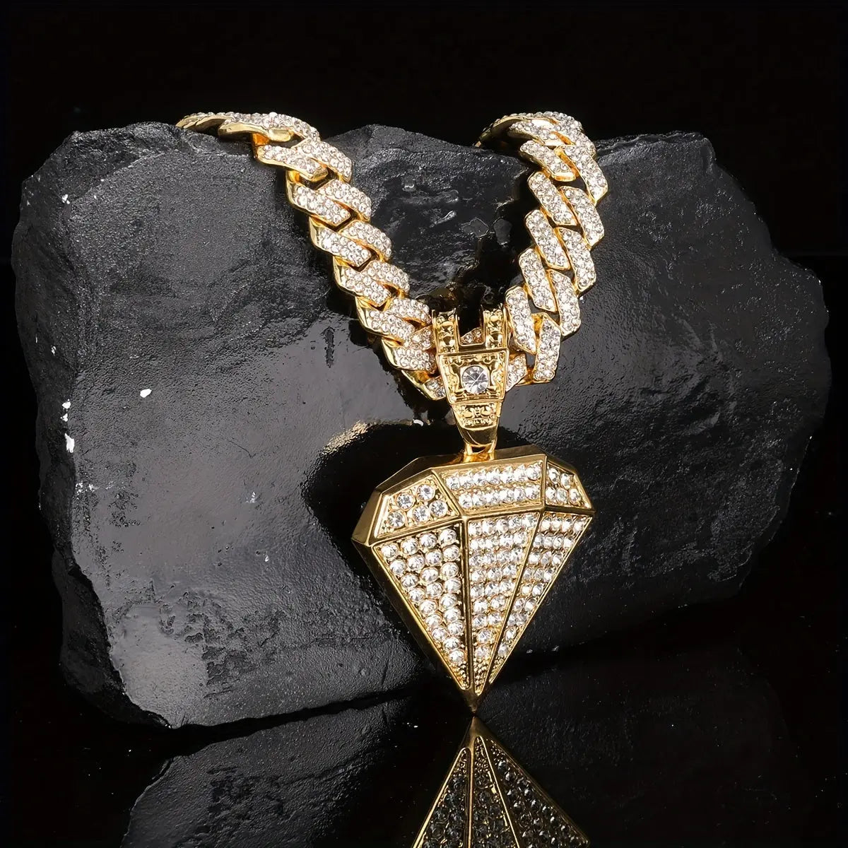 1 Pc Mens Hip Hop Punk Golden Large Rhinestone Pendant Necklace, Fashion Miami Cuban Chain Temu