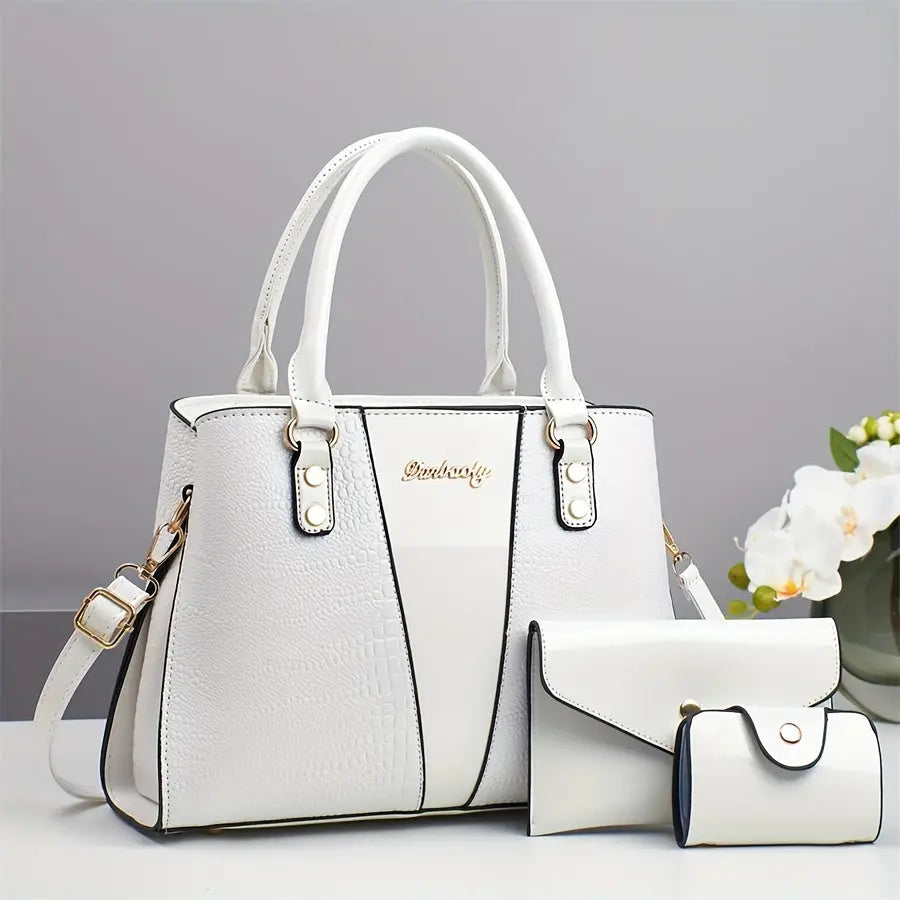 3pcs Elegant PU Handbag Set, Crocodile Pattern Large Capacity Crossbody Bag with Coin Purse and Card Holder, Lightweight Shoulder Bag with Sequins and Zipper Closure Chic Le'Meek