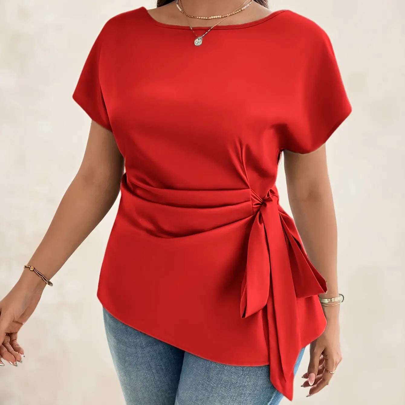 Plus Size - Women's Elegant Satin Blouse with Bow Detail - Short Sleeve AliExpress
