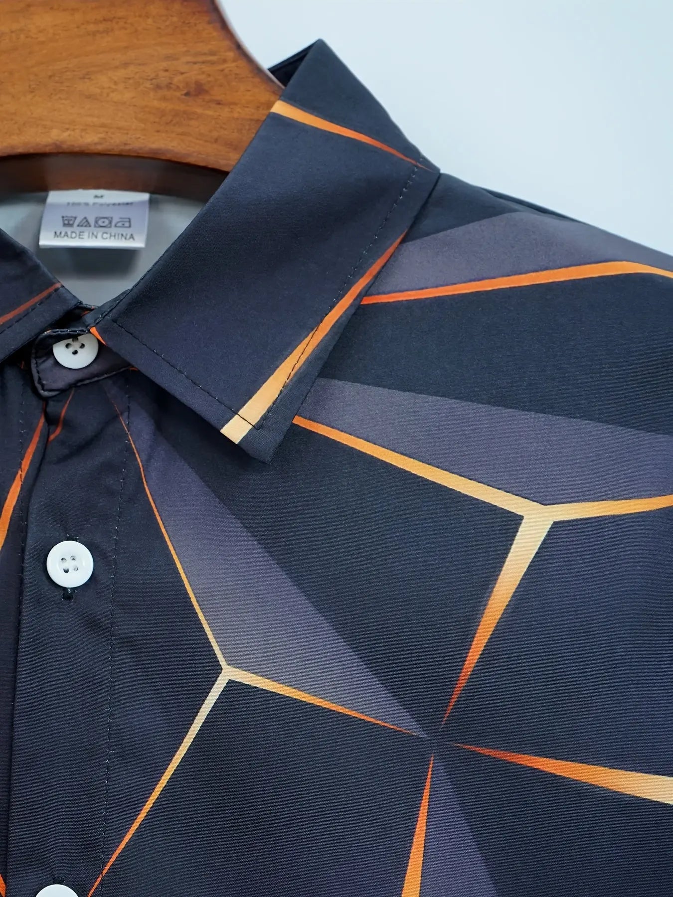 Mens Long Sleeve Geometric Print Lapel Shirt - Slim Fit, Button Down, Polyester, Woven, Non-Stretch, Casual Style for Daily Wear, Spring and Fall Seasons Temu