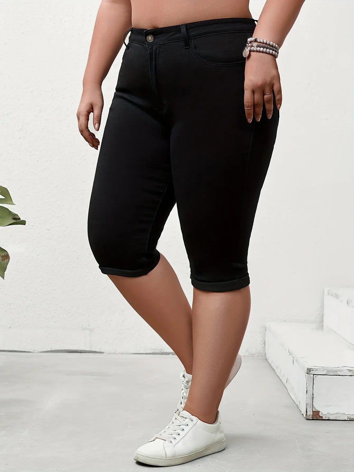 Plus Size Stretch Denim Pedal Pushers - Comfort Fit, High-Waist, Zip & Button Closure - Fashionable Everyday Wear Temu