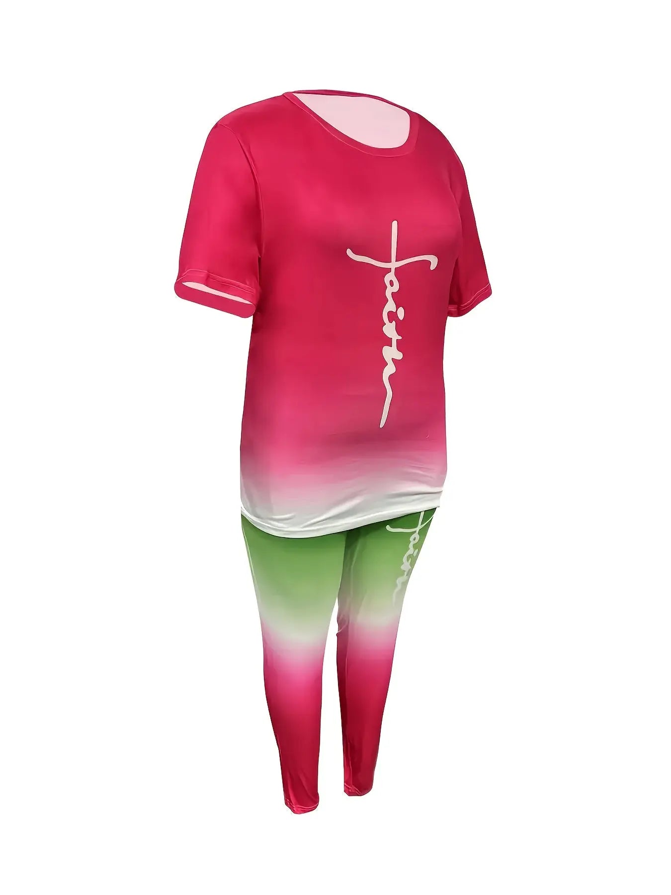 Ladies' Daily Casual Gradient Suit, Faith Letter Printing, Plus-size Tight Pants With Pockets Chic Le'Meek