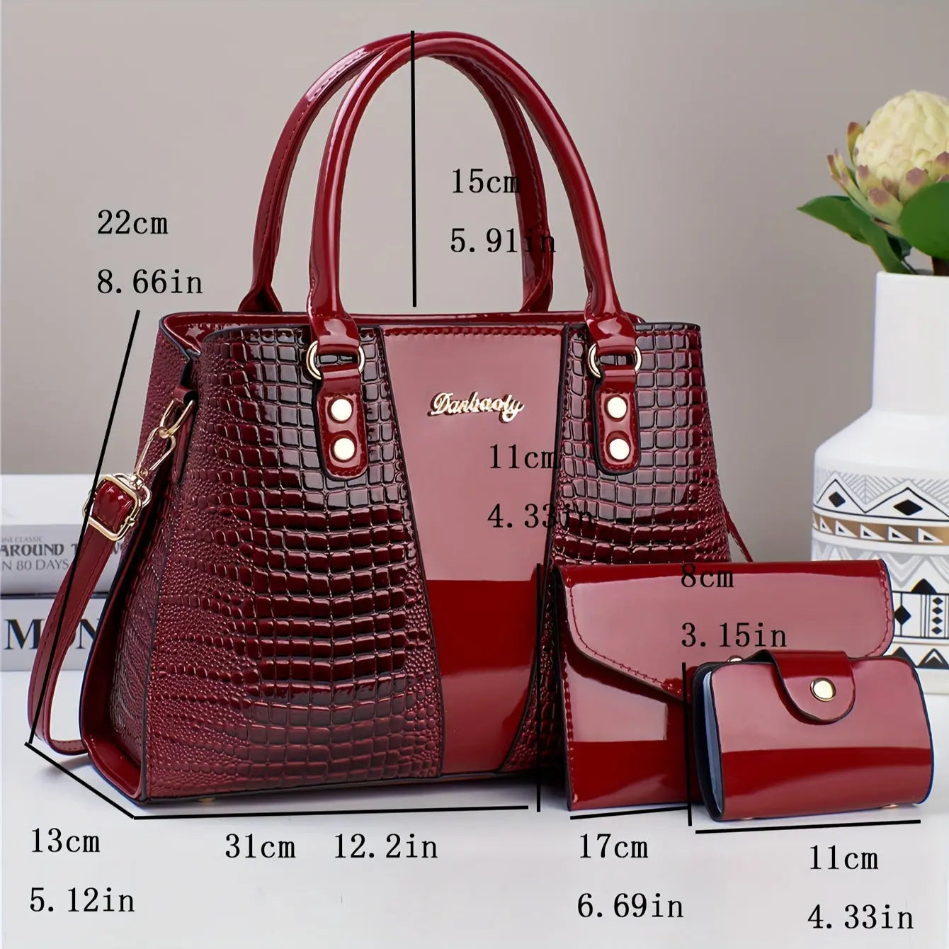 3pcs Elegant PU Handbag Set, Crocodile Pattern Large Capacity Crossbody Bag with Coin Purse and Card Holder, Lightweight Shoulder Bag with Sequins and Zipper Closure Chic Le'Meek