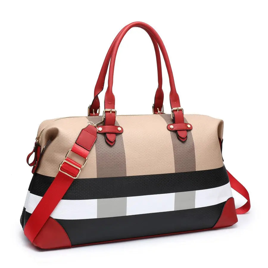 PU leather large overnight travel bag striped pattern handbag carry-on luggage bag suitable for vacation, overnight, camping, hiking, sports and fitness Chic Le'Meek