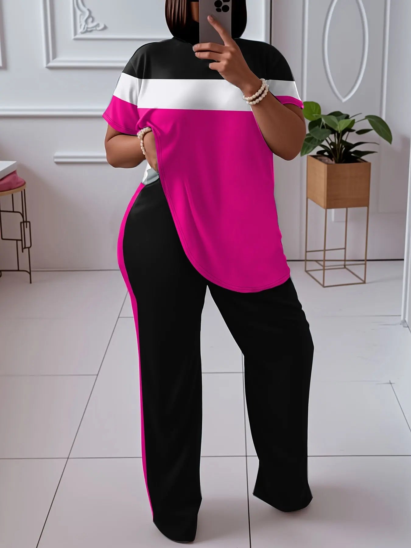 Women'S Plus Size Casual Color Block 2pcs Set - Elegant Crew Neck Short Sleeve Top & Straight Leg Pants, 95% Polyester 5% Elastane, Medium Stretch Knit Fabric, Machine Washable Chic Le'Meek