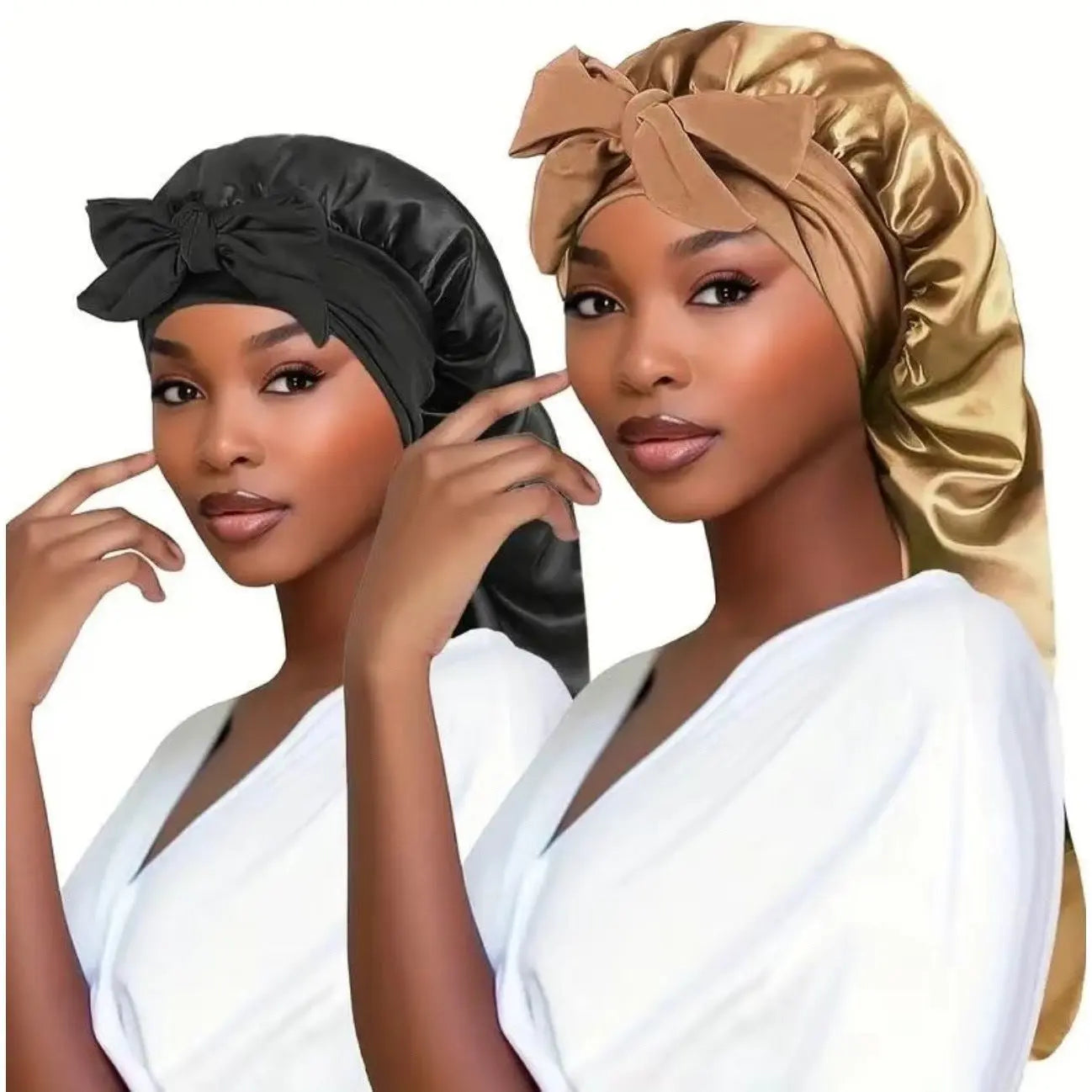 Women's Elastic Tie Band Long Satin Bonnet for Long Curly Hair - Gentle Hair Care Sleeping Cap with Smooth Texture and Soft Inside Chic Le'Meek