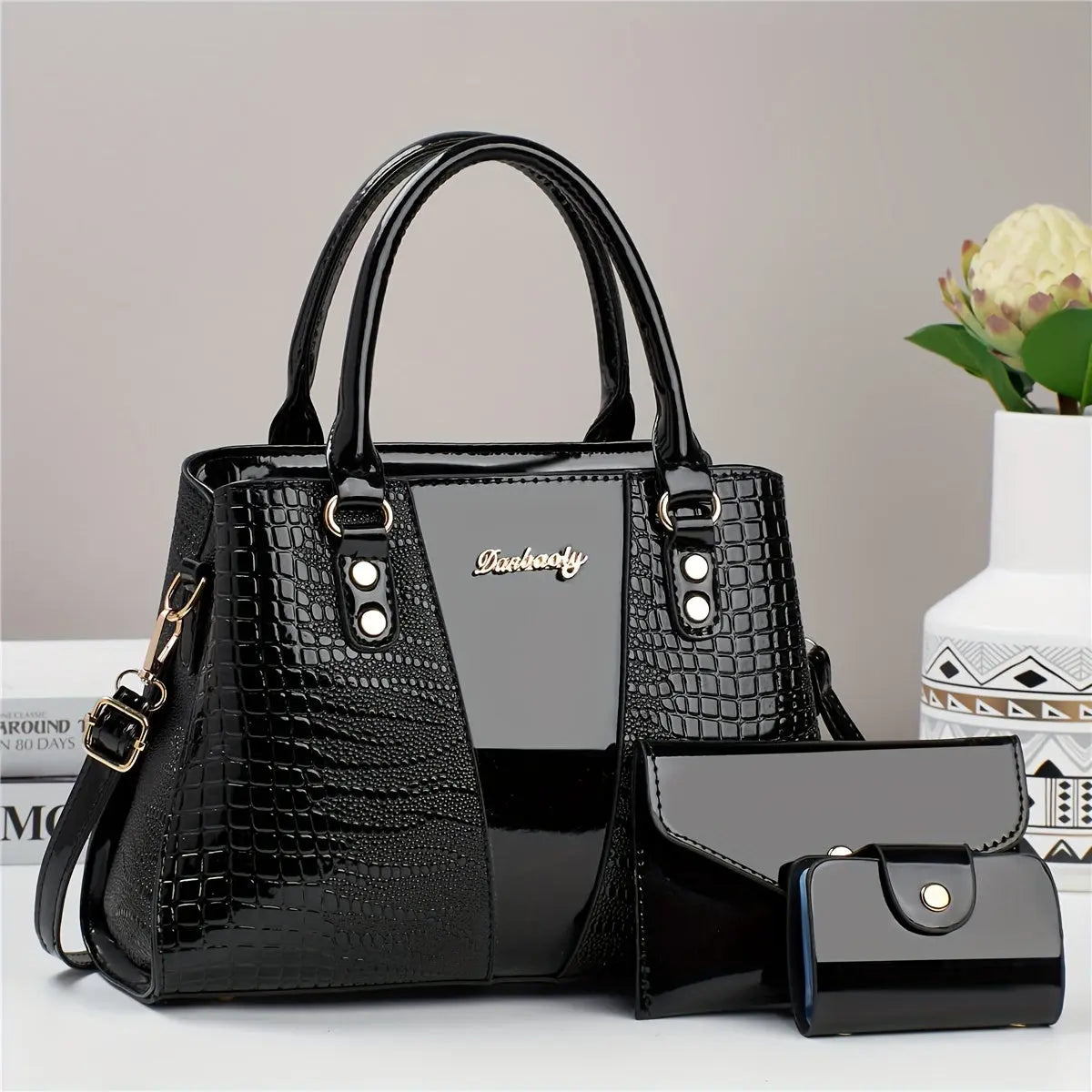 3pcs Elegant PU Handbag Set, Crocodile Pattern Large Capacity Crossbody Bag with Coin Purse and Card Holder, Lightweight Shoulder Bag with Sequins and Zipper Closure Chic Le'Meek