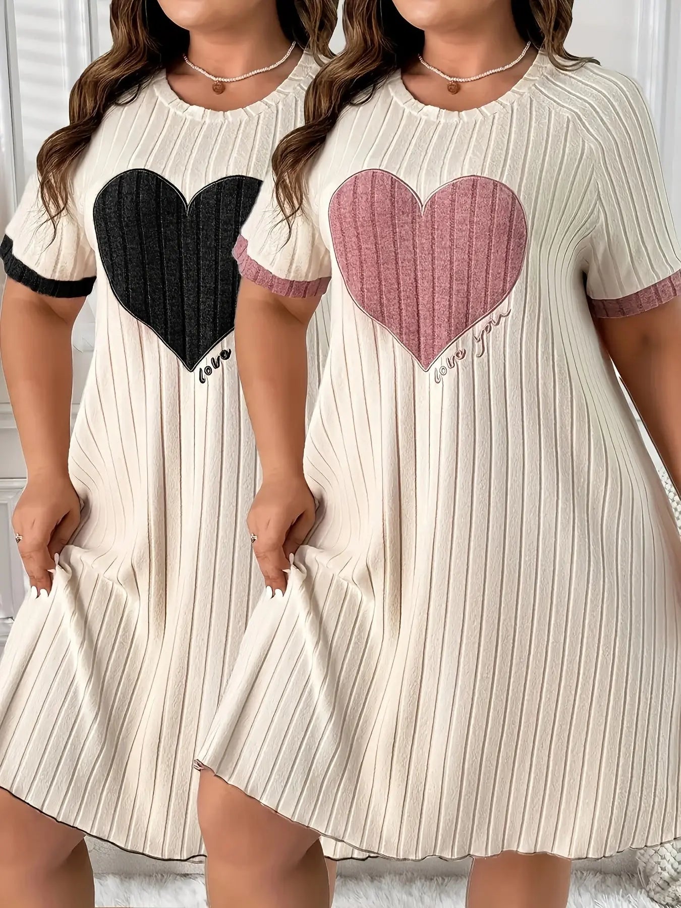 Plus Size Short-Sleeve Dress with Heart Embroidery Two-Piece Set Temu