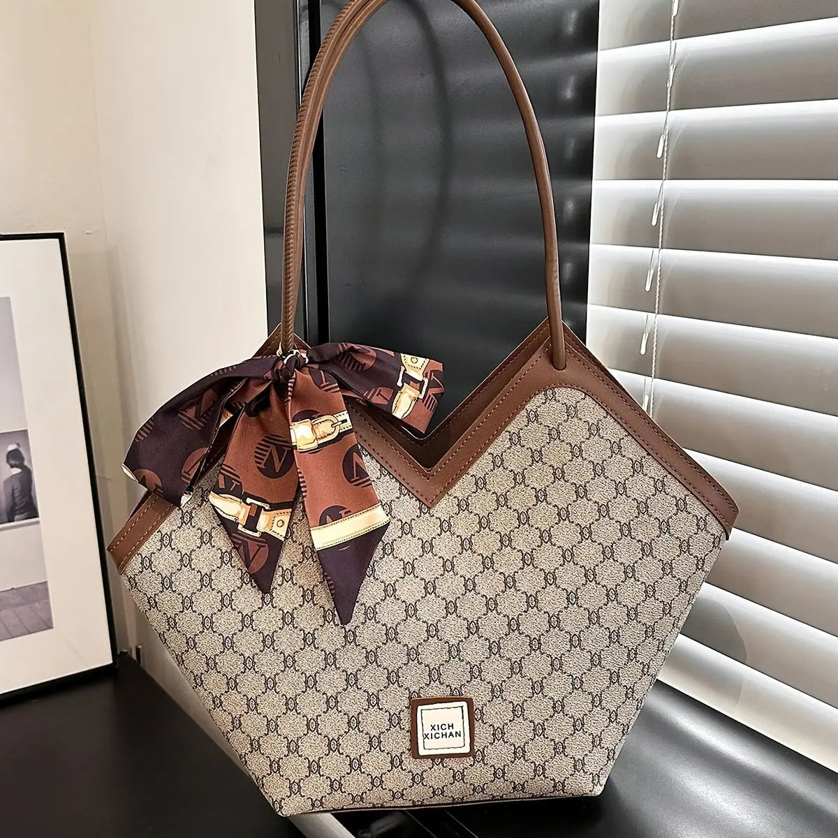 LABOONOO Women'S Vintage-Inspired Tote Bag with Scarf - Elegant, Large Capacity, Zip Closure, Grey & Beige Pattern, Perfect for Casual or Retro Outfits Chic Le'Meek