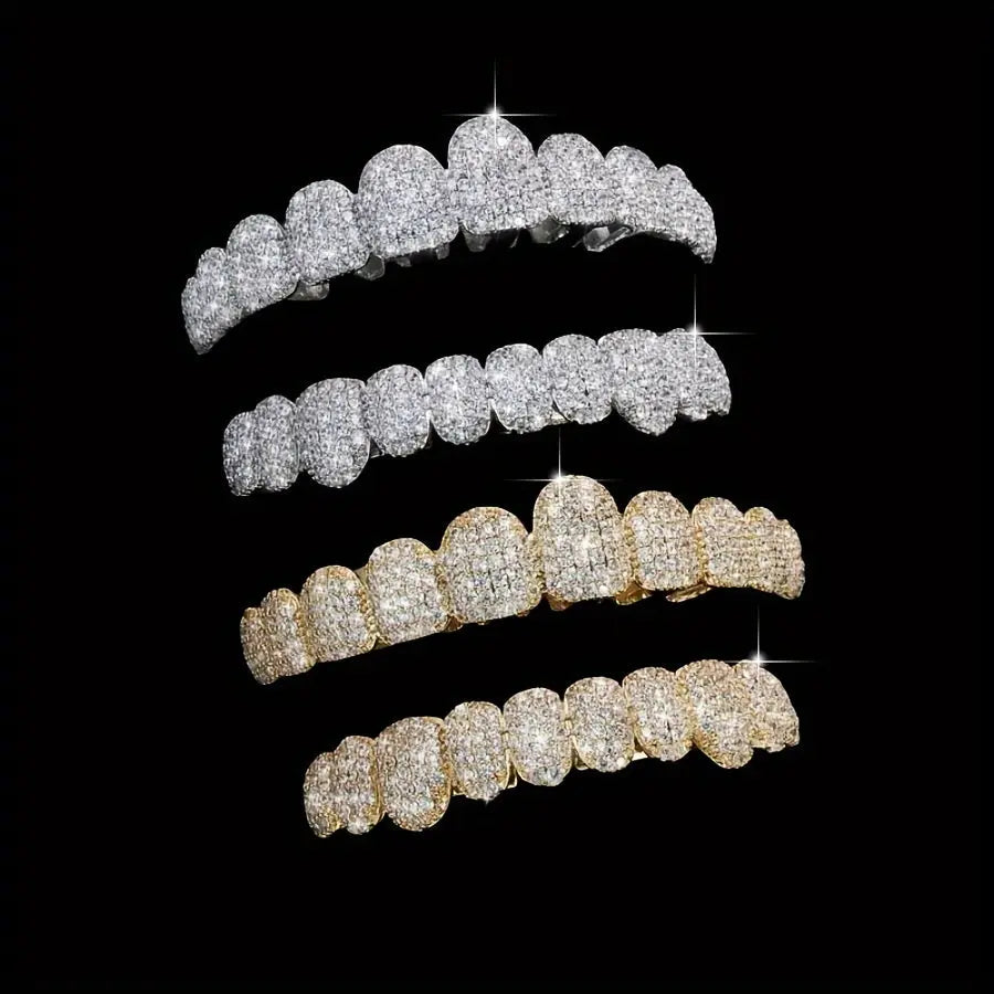 2pcs/set Synthetic Zircon Grillz Set, Unisex, Fashionable Hip Hop Mouth Teeth Grills, One Size Fits All, Removable Tooth Caps, For Rappers And Parties, With Mold Kit Temu