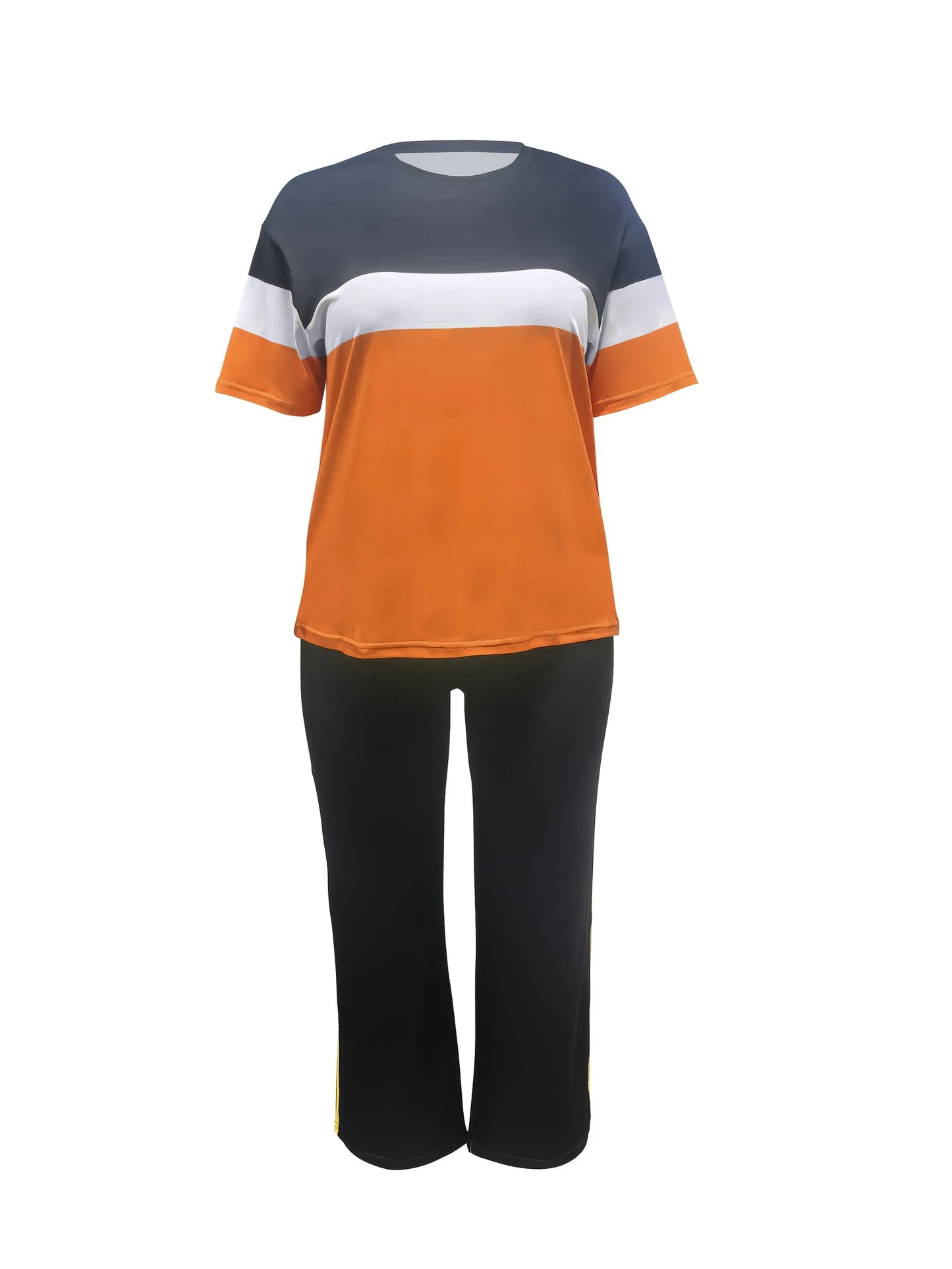 Women'S Plus Size Casual Color Block 2pcs Set - Elegant Crew Neck Short Sleeve Top & Straight Leg Pants, 95% Polyester 5% Elastane, Medium Stretch Knit Fabric, Machine Washable Chic Le'Meek