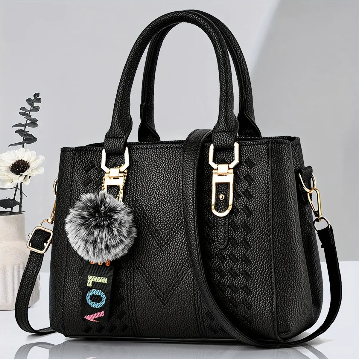 Mother's Day Gift - Women's Trendy Handbag, Simple Quilted Crossbody Bag with Ball Pendant for Mom and Family Chic Le'Meek
