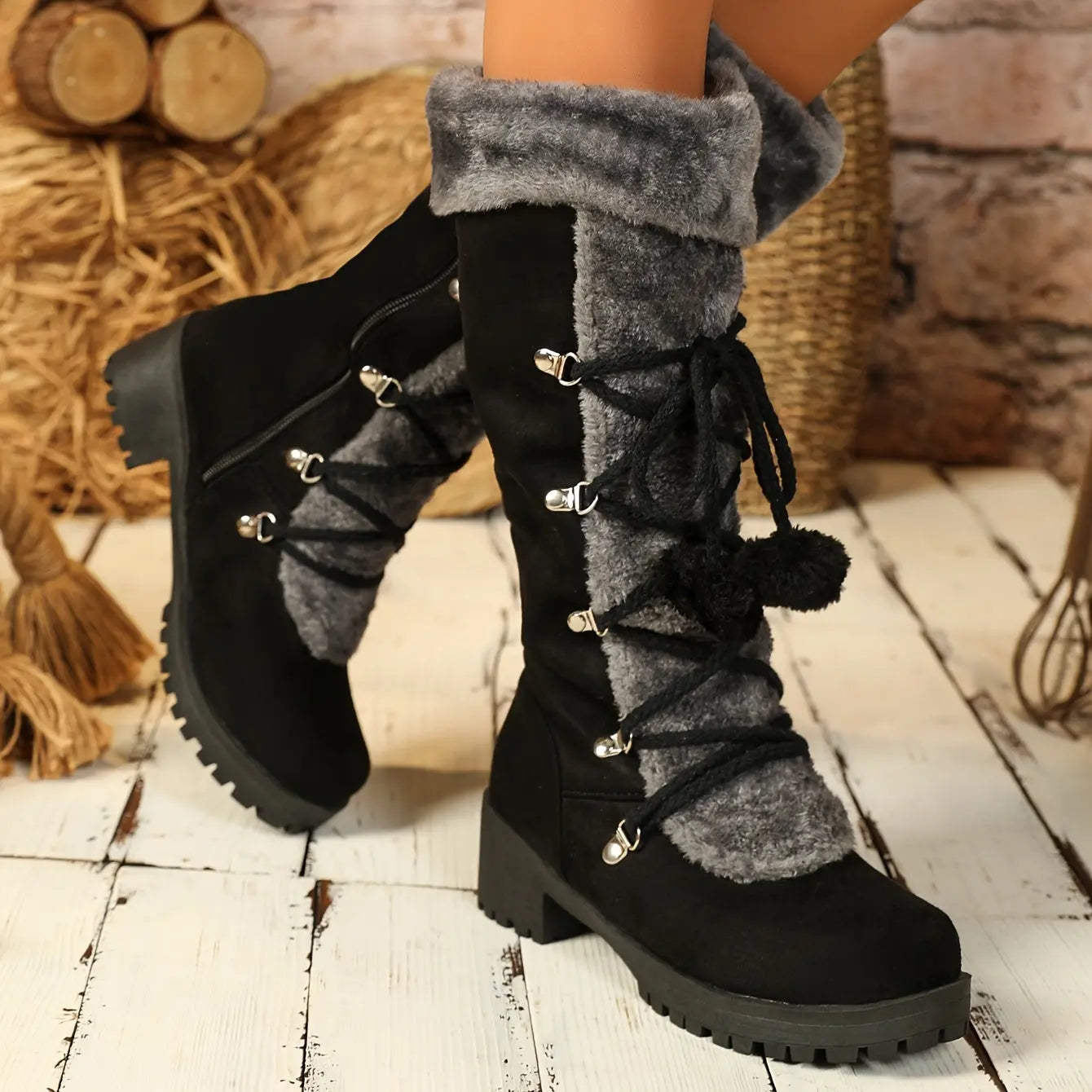 Warm Mid-Calf Winter Snow Boots - Elegant Women's Fur-Lined Knight Boots with Chunky Heel, Pom-Pom Accents & Side Zipper - Cozy Thermal Insulated Riding Boots for Cold Weather Chic Le'Meek