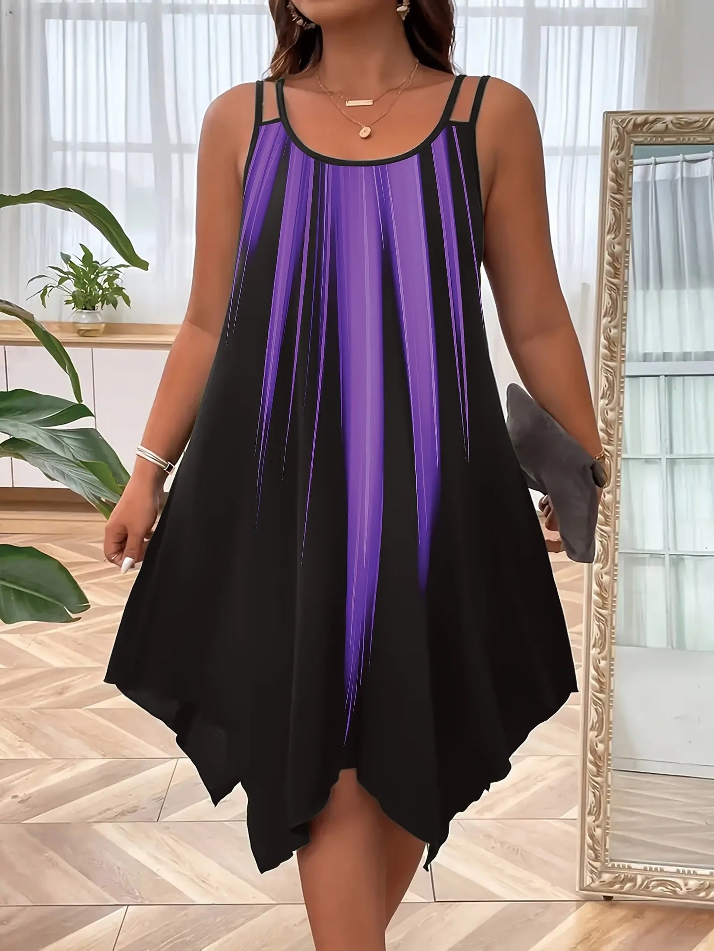 Plus Size Ombre Print Cami Slip Dress - Spaghetti Strap, Sleeveless, Crew Neck, Dual Strap, Asymmetrical Hem, Medium Stretch, Polyester, Random Printing, Vacation Style for Spring, Summer, and Fall Seasons Temu
