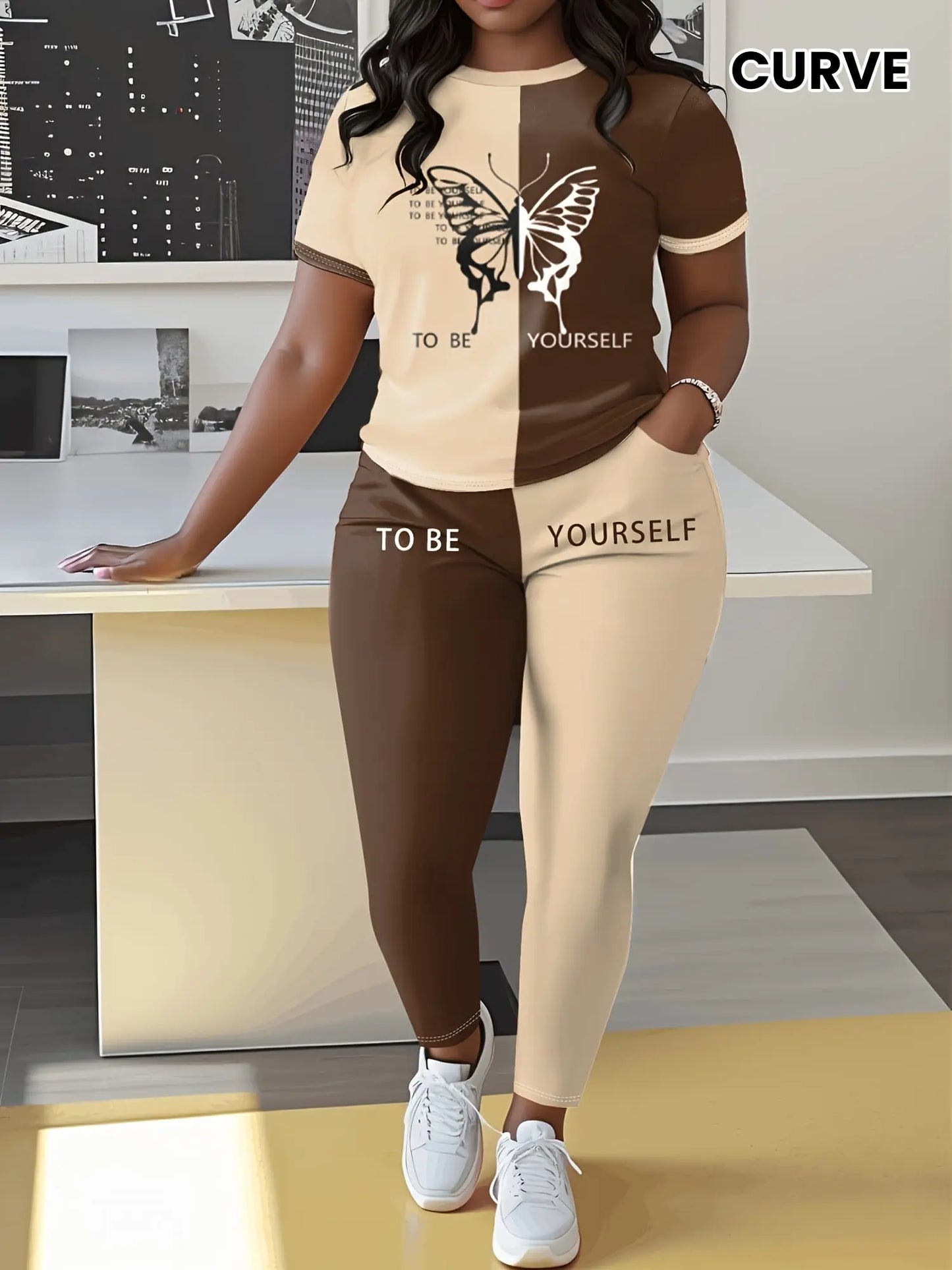 Plus Size Butterfly Print Casual Two-Piece Set - Short Sleeve & Pants, Stretchy Polyester Blend, Machine Washable Chic Le'Meek
