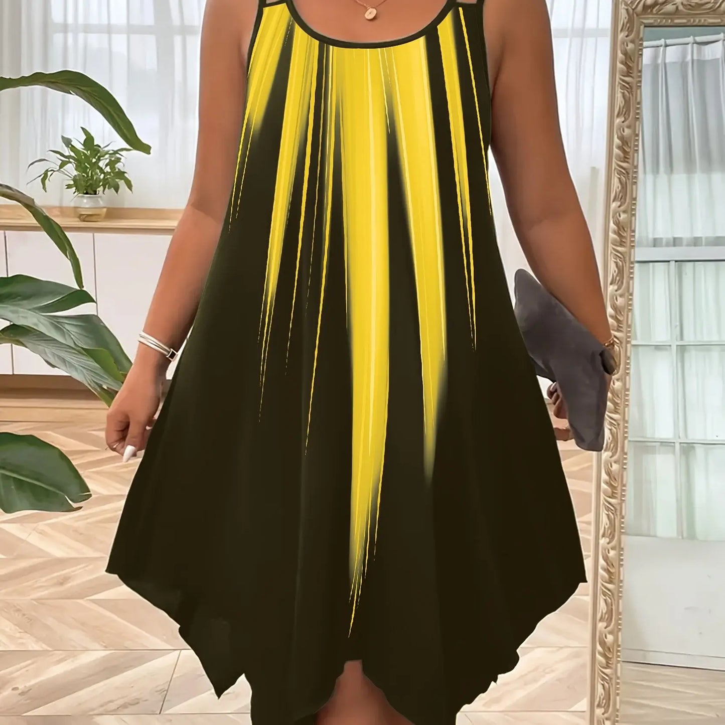 Plus Size Ombre Print Cami Slip Dress - Spaghetti Strap, Sleeveless, Crew Neck, Dual Strap, Asymmetrical Hem, Medium Stretch, Polyester, Random Printing, Vacation Style for Spring, Summer, and Fall Seasons Temu