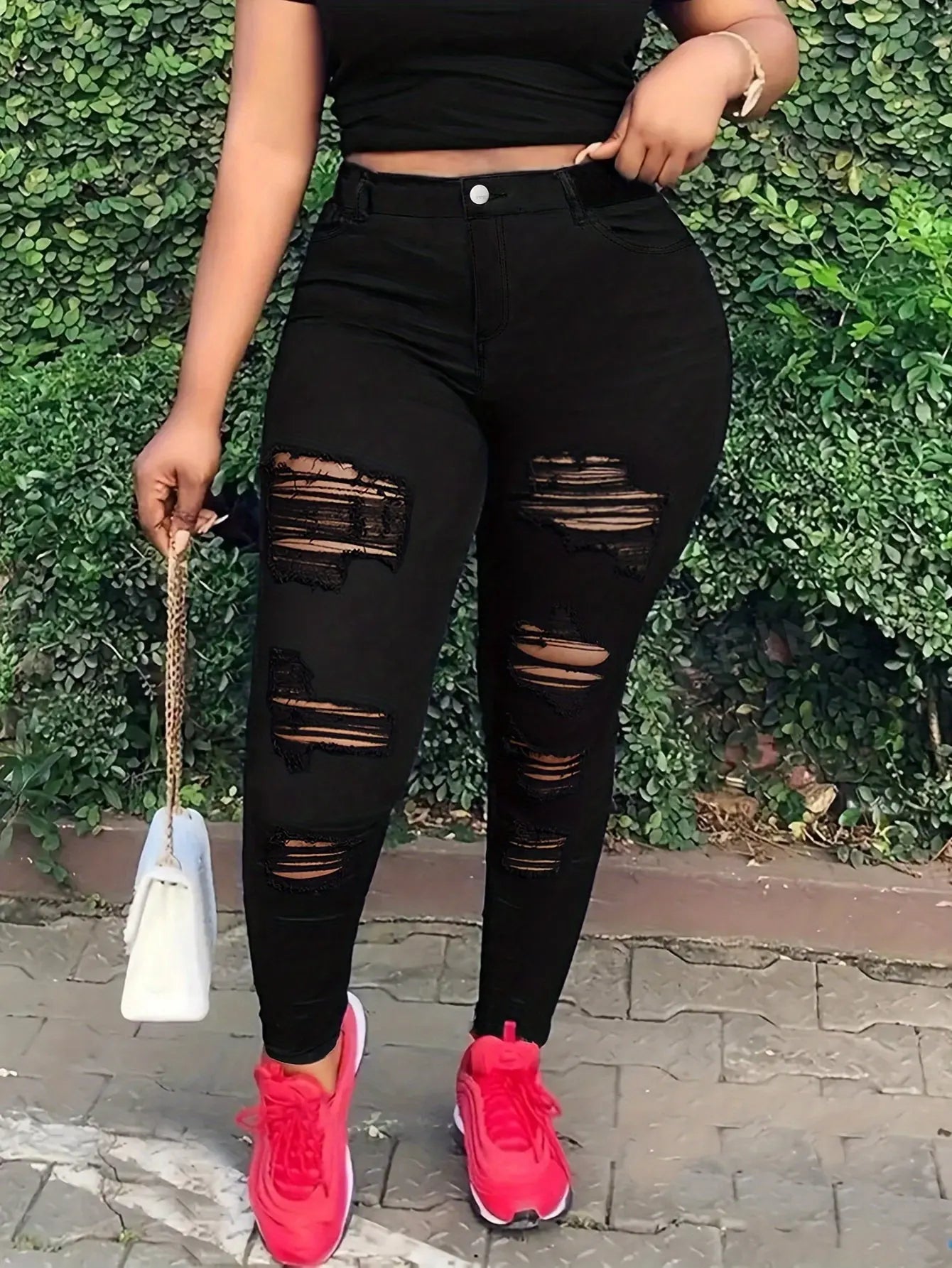 Plus Size Ripped Plain Black Color Distressed Stretchy Skinny Fit Denim Pants, Women's Denim Jeans & Clothing Temu