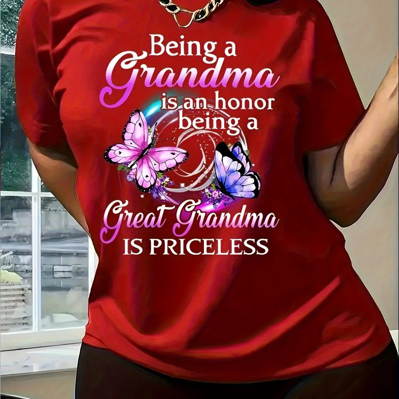 Women's Purple Butterfly & Floral T-Shirt - "When Grandma is Priceless" Heartfelt Quote, Glossy Fabric Casual Short Sleeve Round Neck Top for Spring Summer, Machine Washable Gift for Grandma, Grandma Mothers Day Gift Chic Le'Meek
