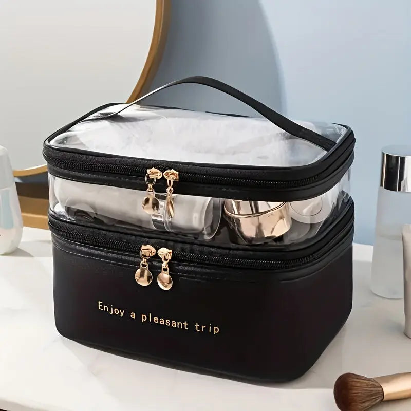 Large Capacity Double Layered Waterproof Transparent Makeup Bag - Portable, Travel-Friendly, Fashionable Cosmetic Storage with Polyester Material and Water Resistance Temu