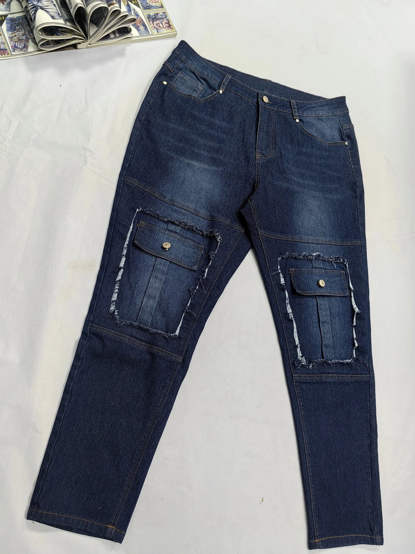 Plus Size High Waist Cargo Jeans - Flexible Medium Stretch, Tapered Leg, Button Fly, Solid Color with Flap Pockets - Effortlessly Chic Casual Style, Raw Trim Detail Temu