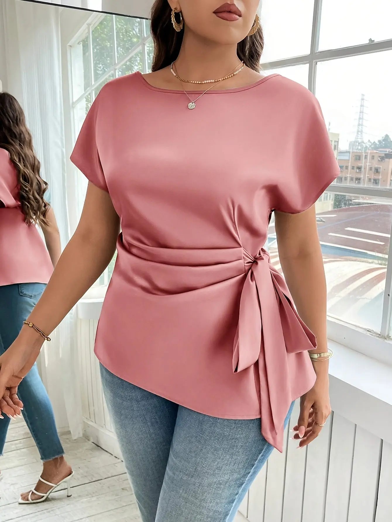 Plus Size - Women's Elegant Satin Blouse with Bow Detail - Short Sleeve AliExpress