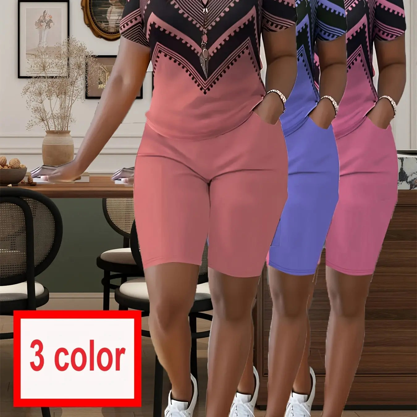 Womens Plus Size Bohemian Two Pieces Set Casual Elegant Shorts Set, V Neck Short Sleeve Top & Shorts Outfits For Spring, Fall & Summer, Comfortable Polyester For Casual Attire, Versatile Clothing, Women'S Plus Size Clothing Chic Le'Meek