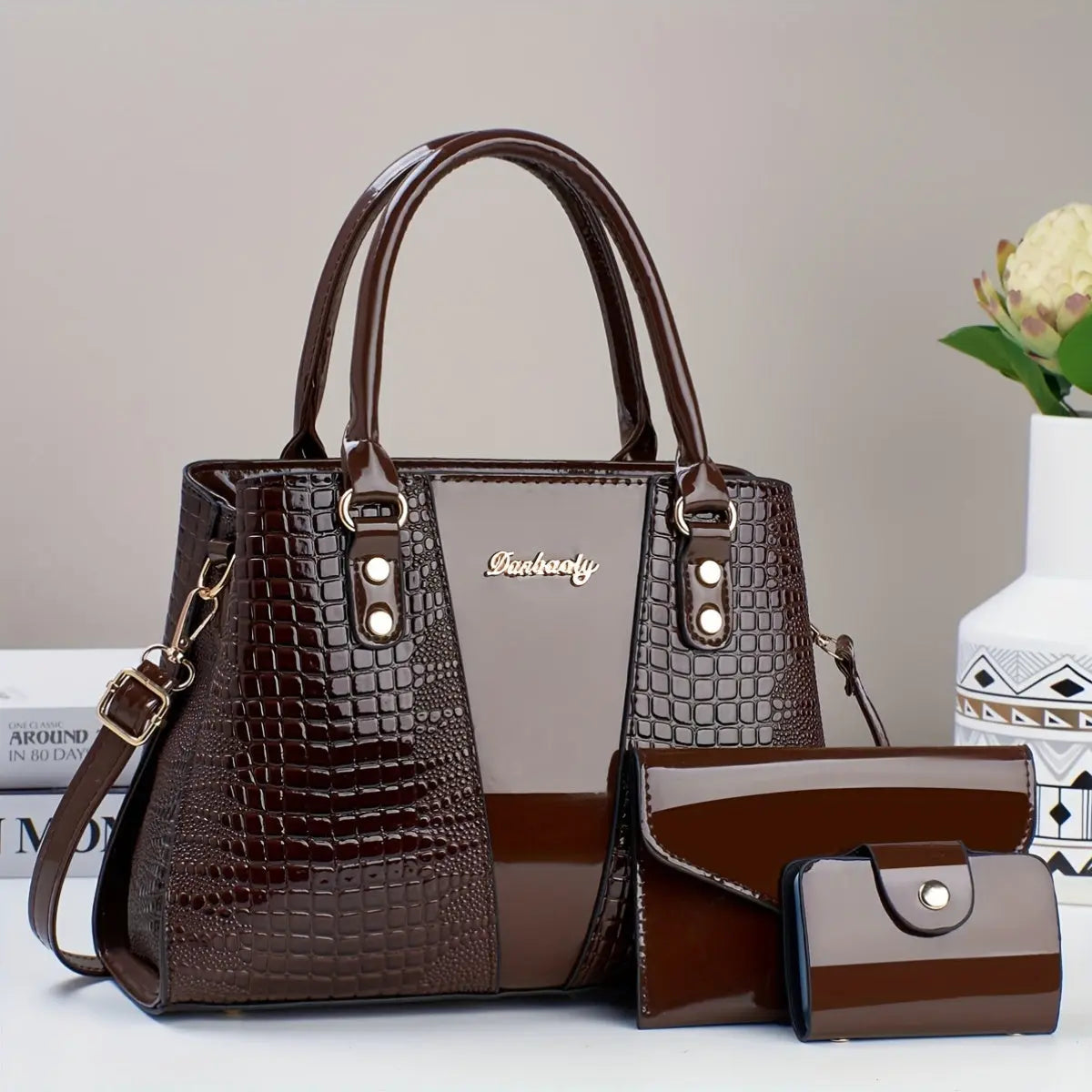 3pcs Elegant PU Handbag Set, Crocodile Pattern Large Capacity Crossbody Bag with Coin Purse and Card Holder, Lightweight Shoulder Bag with Sequins and Zipper Closure Chic Le'Meek