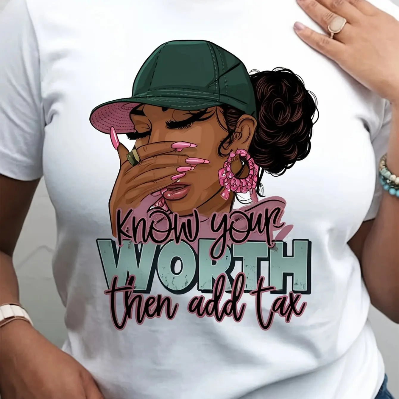 Plus Size Women's Cotton T-Shirt - "Know Your Worth Then Add Tax" Empowering Graphic Tee with Stylish Woman & Fashion Glasses Design, Breathable Round Neck Short Sleeve Casual Top for Spring/Summer, Ladies T Shirts, Casual At Chic Le'Meek