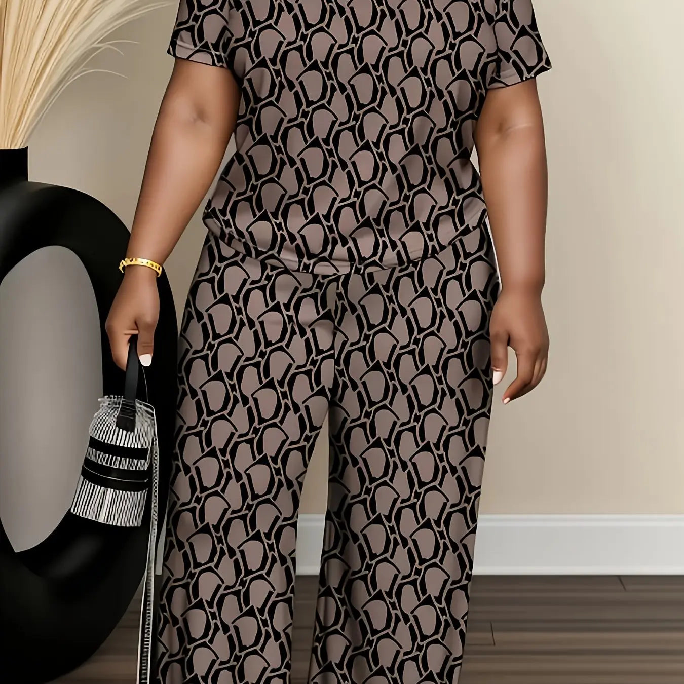 Plus-size Women's Two-piece Set Featuring Trendy Ethnic Digital Print with Round Neck Short Sleeves And Straight-leg Pants Chic Le'Meek