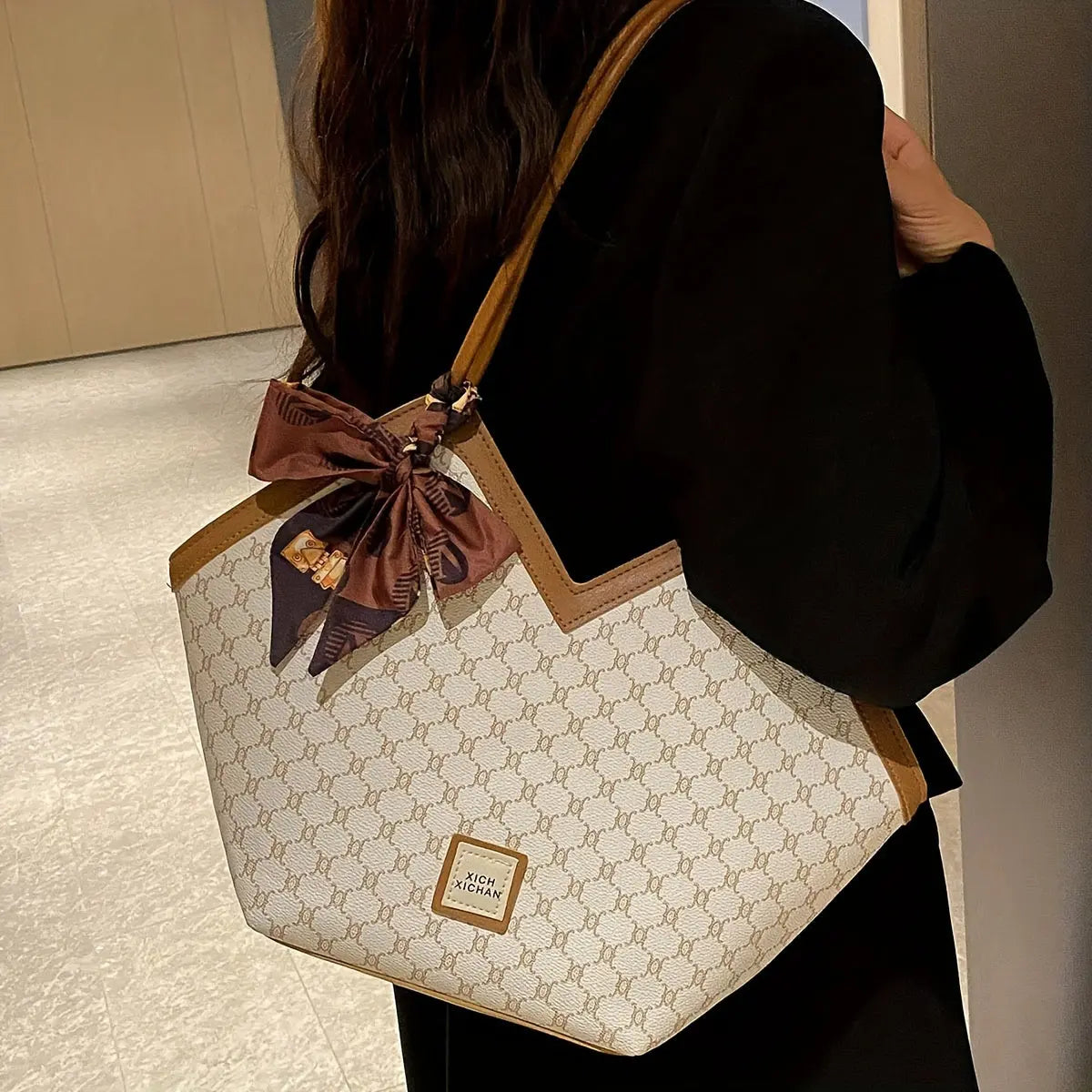 LABOONOO Women'S Vintage-Inspired Tote Bag with Scarf - Elegant, Large Capacity, Zip Closure, Grey & Beige Pattern, Perfect for Casual or Retro Outfits Chic Le'Meek