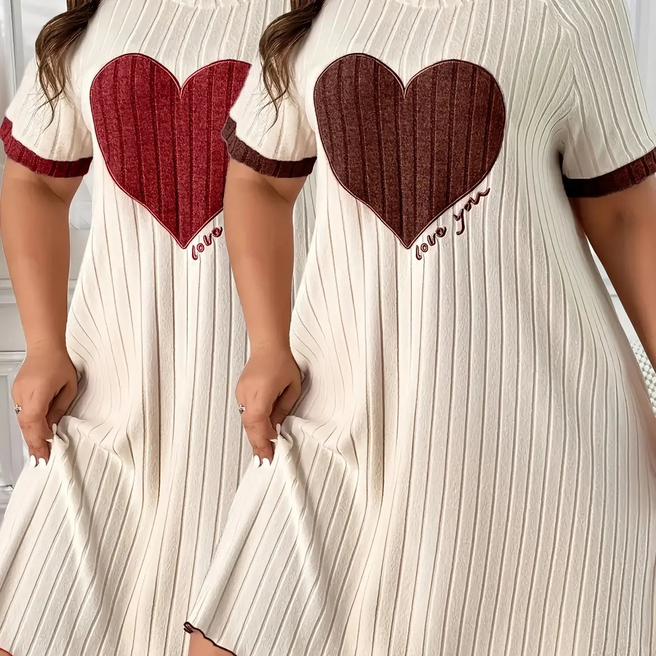 Plus Size Short-Sleeve Dress with Heart Embroidery Two-Piece Set Temu