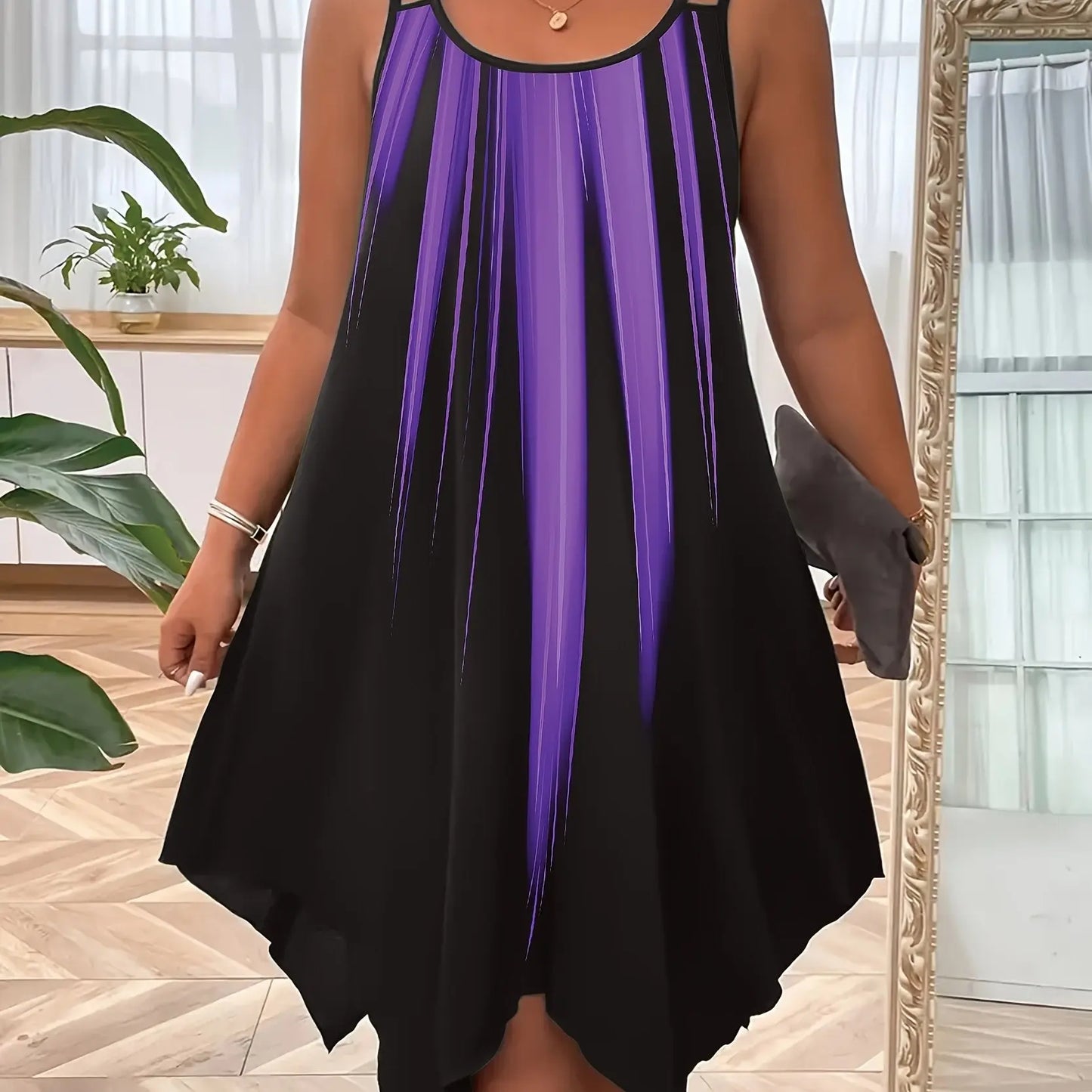 Plus Size Ombre Print Cami Slip Dress - Spaghetti Strap, Sleeveless, Crew Neck, Dual Strap, Asymmetrical Hem, Medium Stretch, Polyester, Random Printing, Vacation Style for Spring, Summer, and Fall Seasons Temu