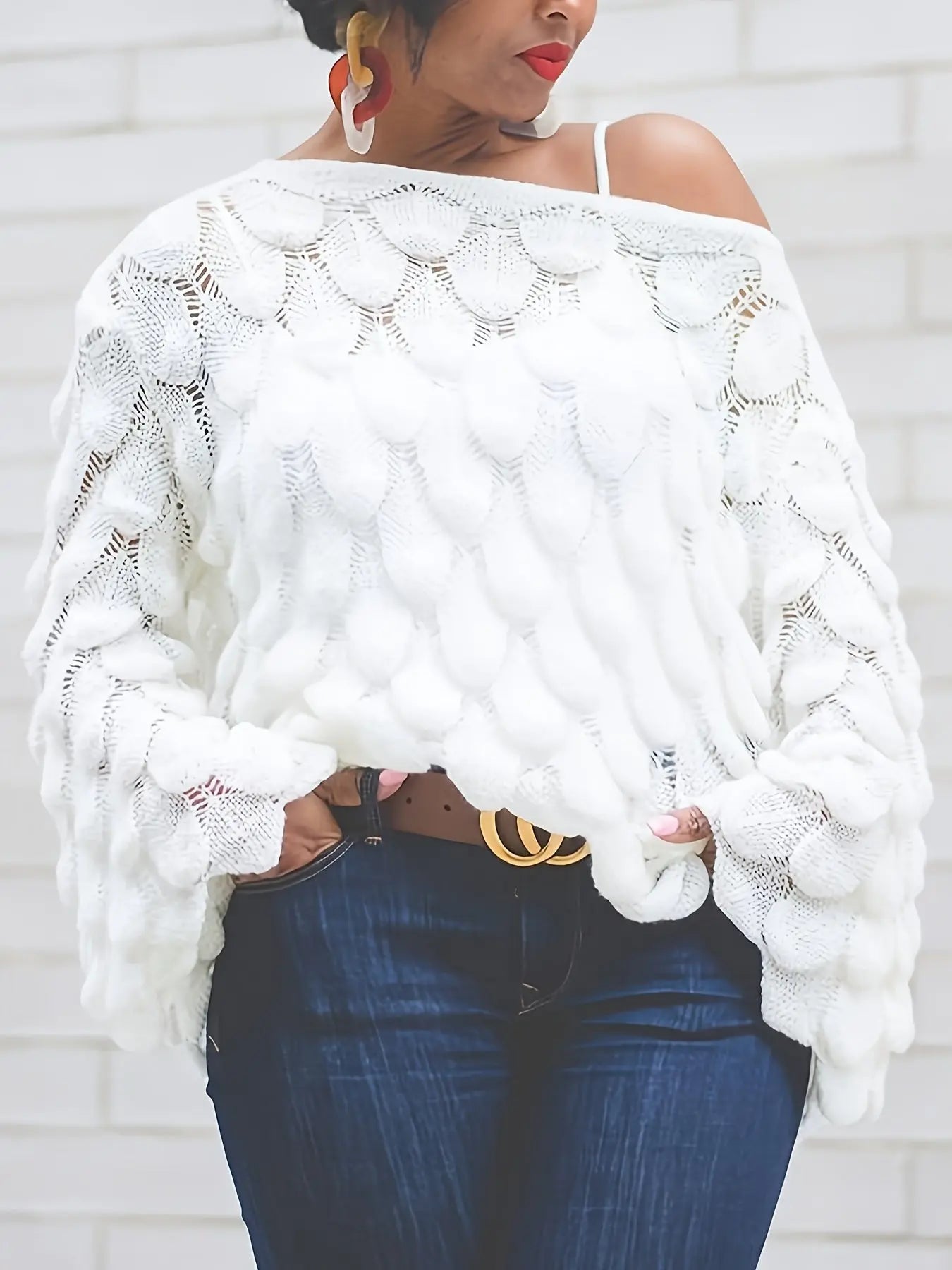 Women's Off-Shoulder Hollow Knit Sweater Temu