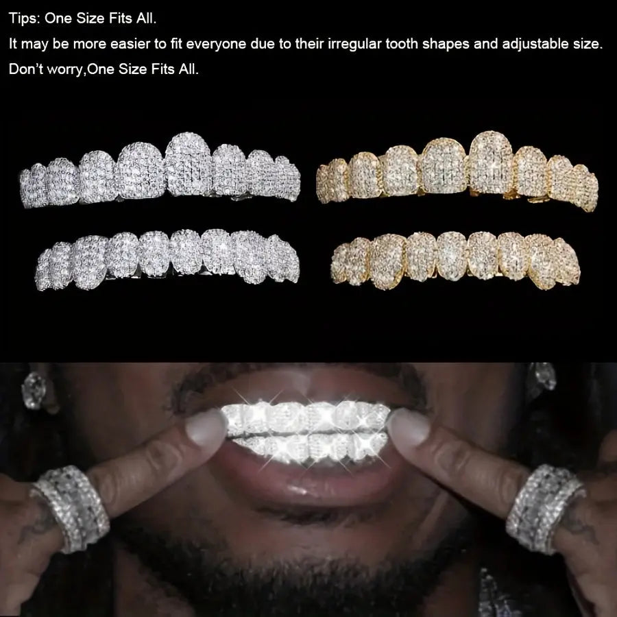 2pcs/set Synthetic Zircon Grillz Set, Unisex, Fashionable Hip Hop Mouth Teeth Grills, One Size Fits All, Removable Tooth Caps, For Rappers And Parties, With Mold Kit Temu