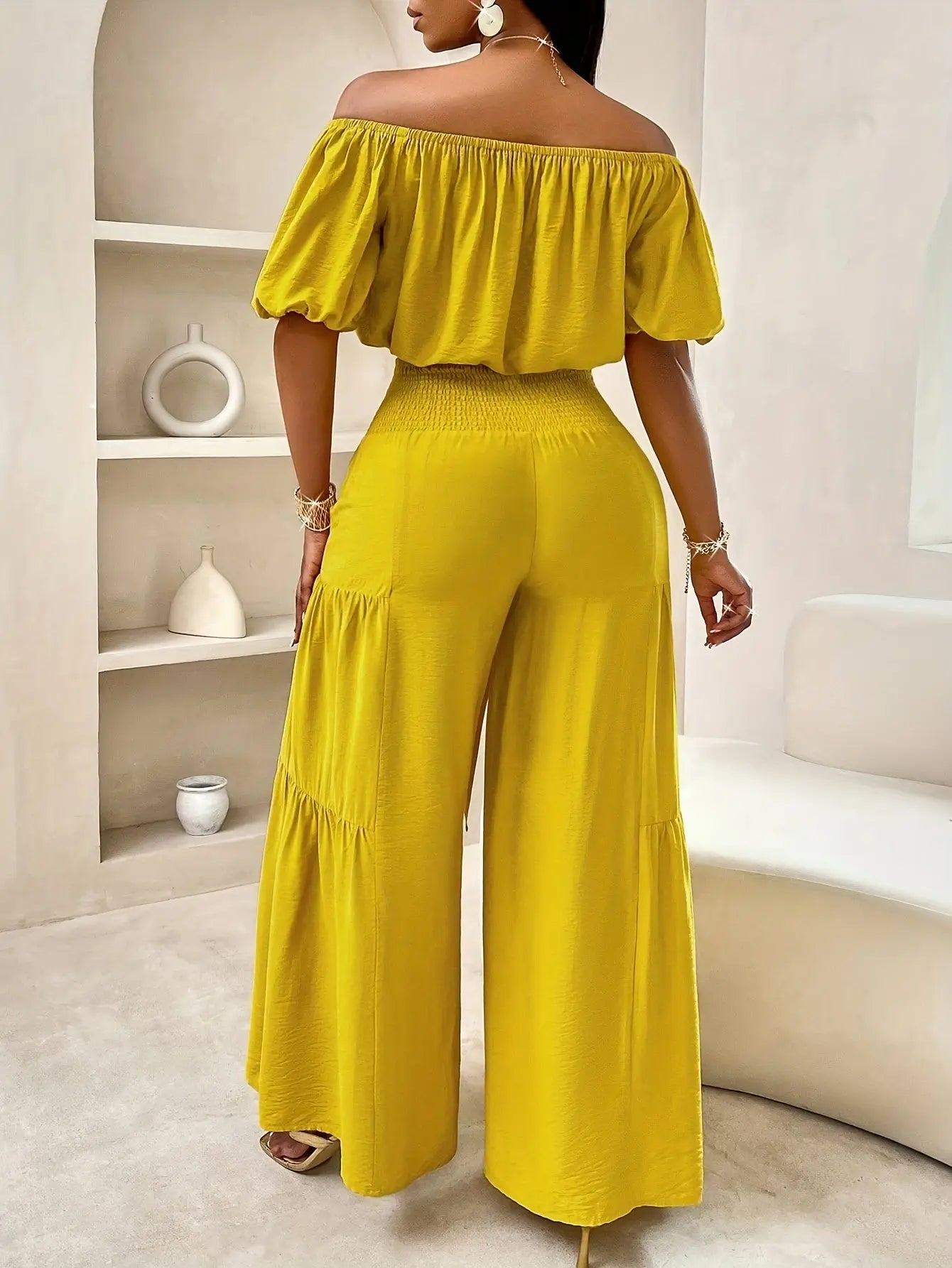 Women'S Summer Plus Size Beach Vacation Style One Shoulder Puff Sleeve Ruffle Off Shoulder Cropped Top And Wide Leg Pants Set Chic Le'Meek