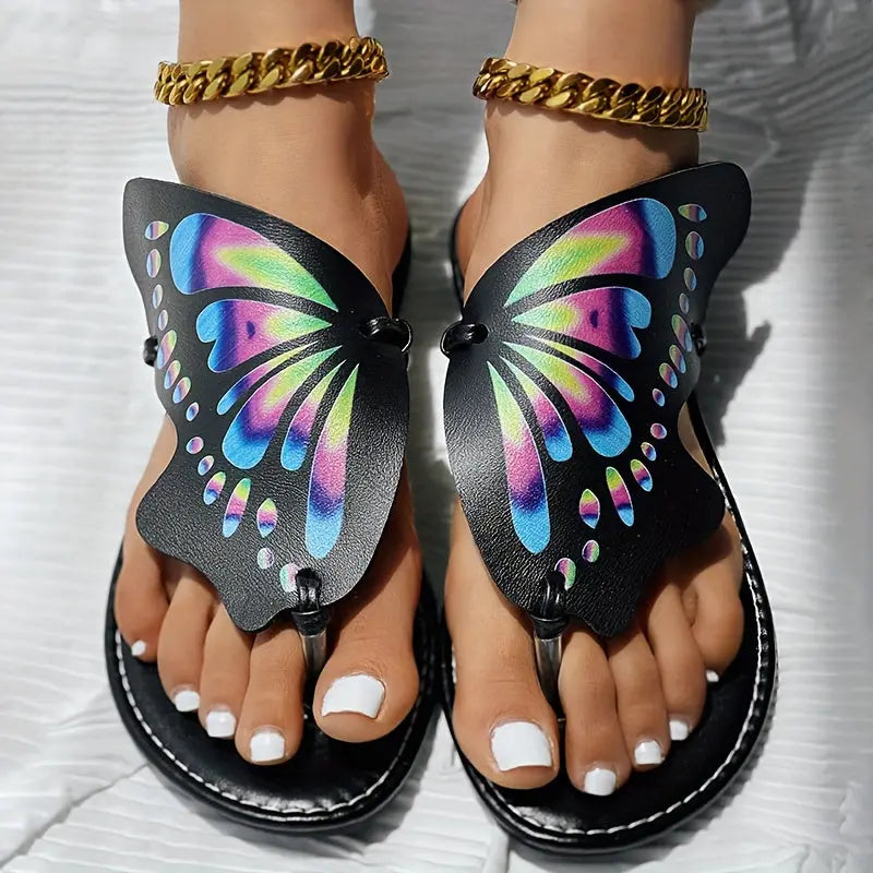 Women's Butterfly Flip Flops, Faux Leather Thong Slippers, Colorful Summer Beach Sandals, Fashion Footwear With Vibrant Wing Design Temu