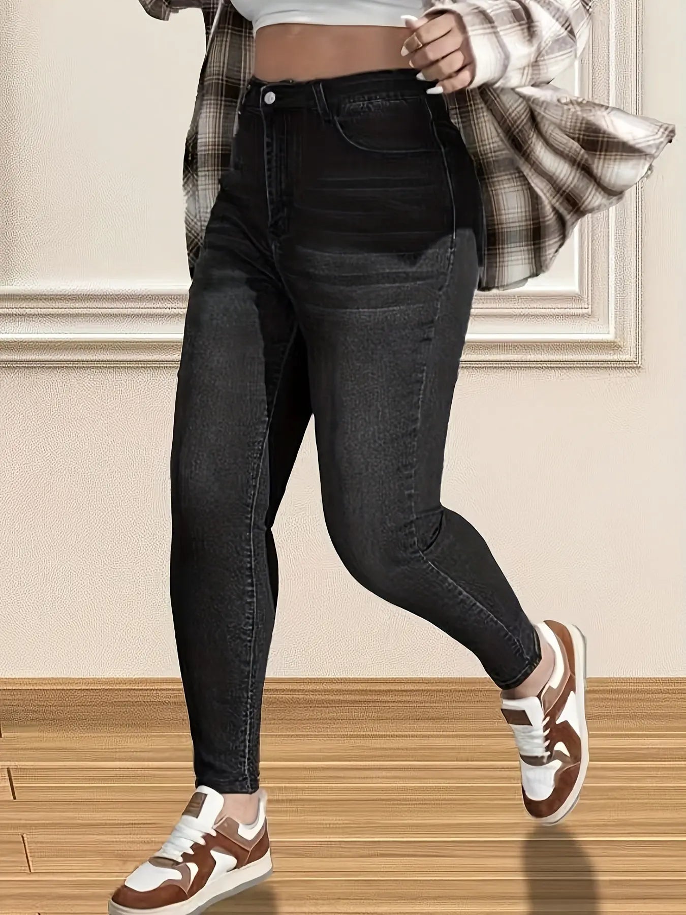 Plus Size Casual Jeans, Women's Plus Washed Button Fly High Rise High Stretch Skinny Jeans Temu