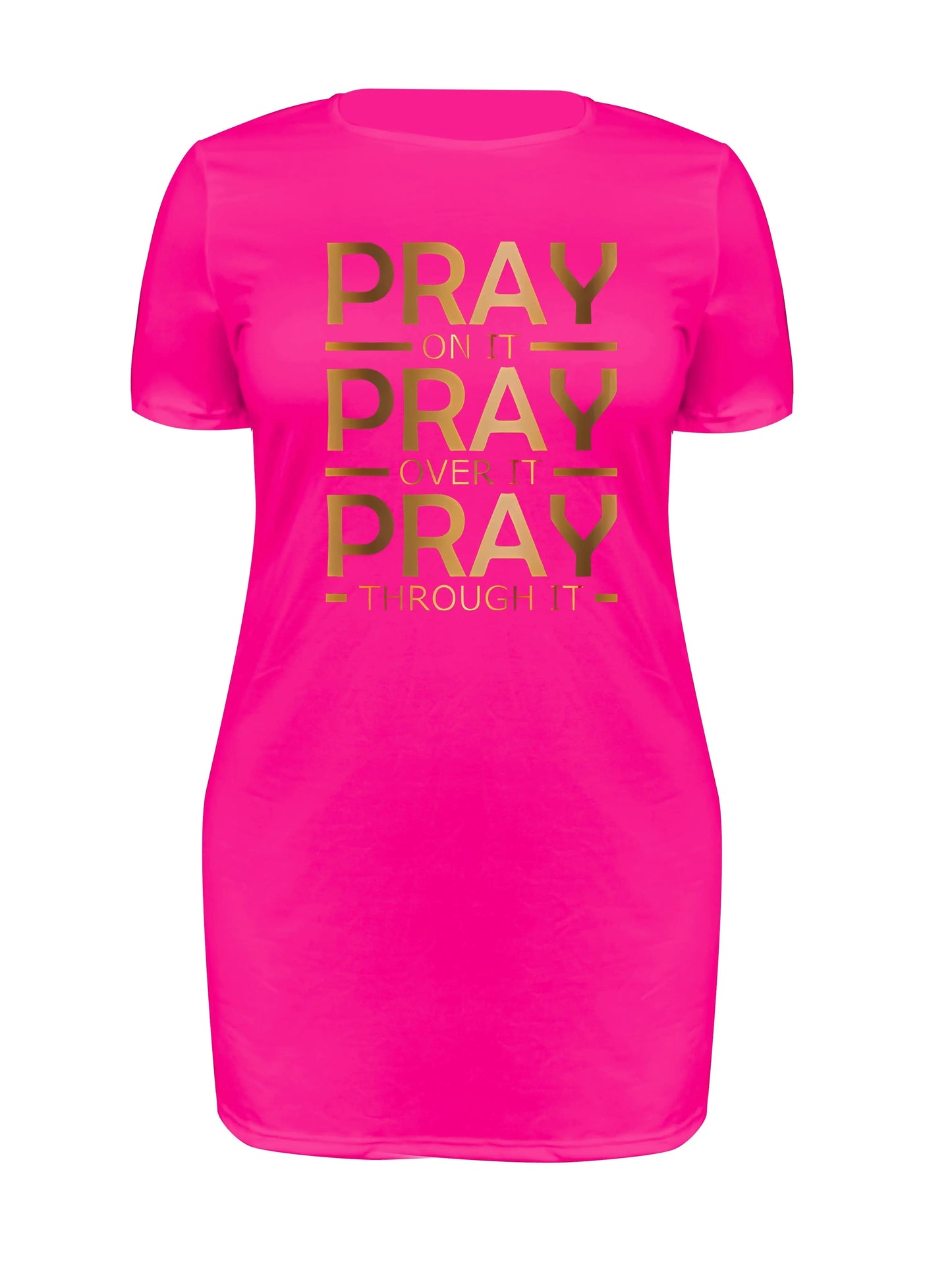 Chic Plus Size Women's "Pray On It Pray Over It Pray Through It" Golden Letter Print T-Shirt Dress - Stretchy Polyester Blend Crew Neck, Machine Washable, All-Season Casual & Office Wear, Ladies T-shirts, Bold Graphic Tee, No Chic Le'Meek