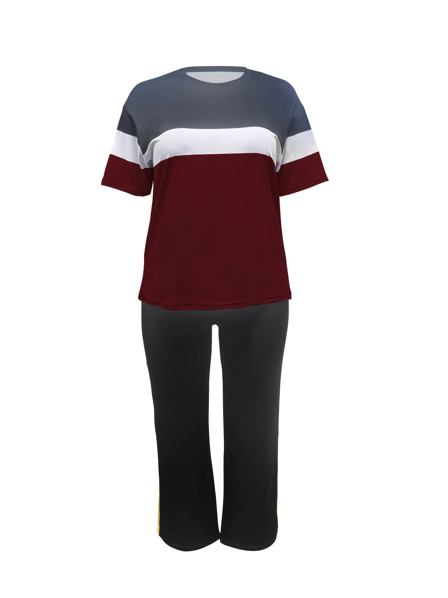 Women'S Plus Size Casual Color Block 2pcs Set - Elegant Crew Neck Short Sleeve Top & Straight Leg Pants, 95% Polyester 5% Elastane, Medium Stretch Knit Fabric, Machine Washable Chic Le'Meek