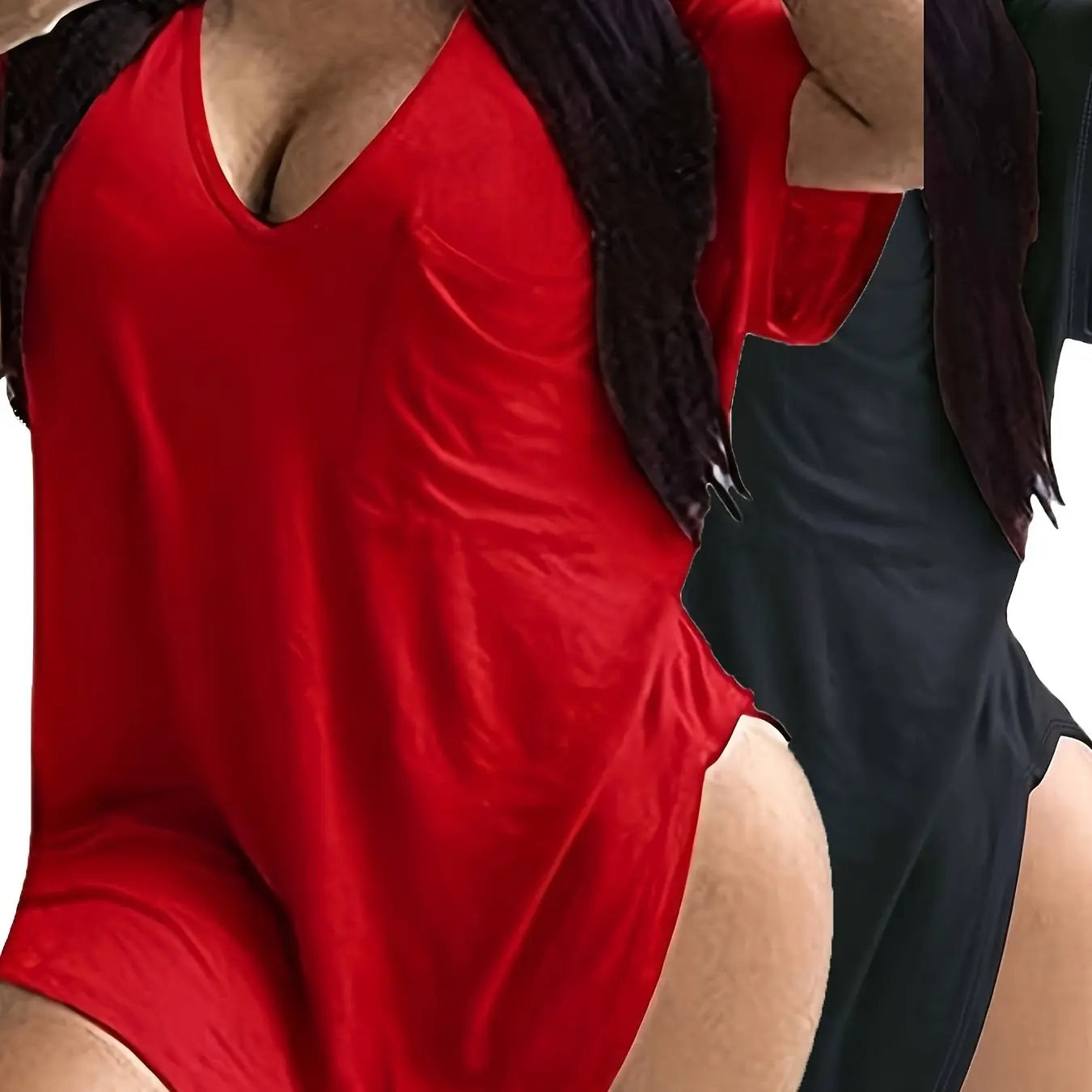 Large Size V-Neck Pocket Irregular Hem Short-Sleeved Top T-Shirt Two-Piece Set Chic Le'Meek