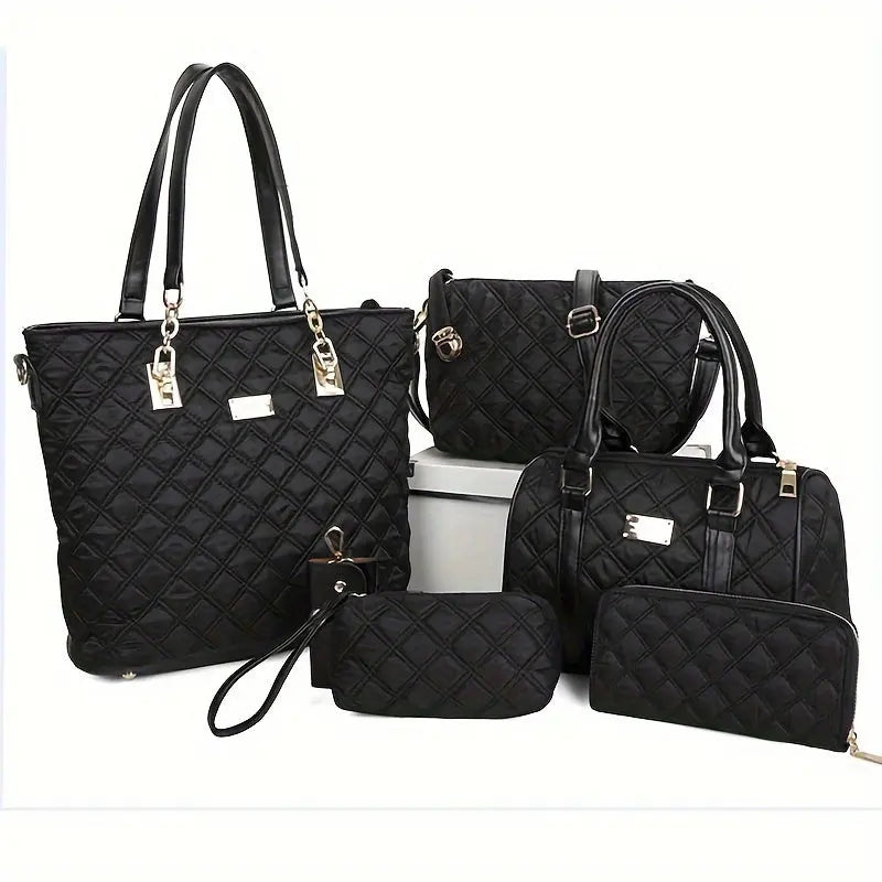 6pcs Chic Argyle Quilted Women's Purse Set - Stylish Solid Color Tote Bag with Boston Handbag, Crossbody Bag, Long Wallet, Wristlet Clutch, Coin Purse, and Key Holder - Perfect for Daily Use, Travel, and Work Chic Le'Meek